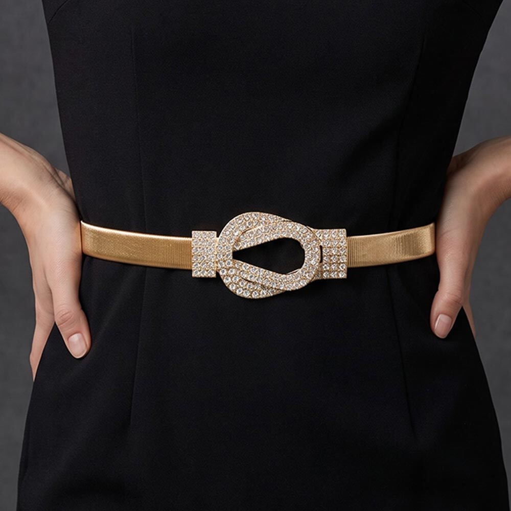 Gold or Silver Crystal Buckle Stretch Statement Belt